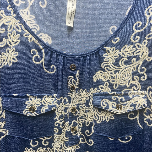 Perception Concept Denim & Floral embroidery Printed Blouse - Picture 2 of 6